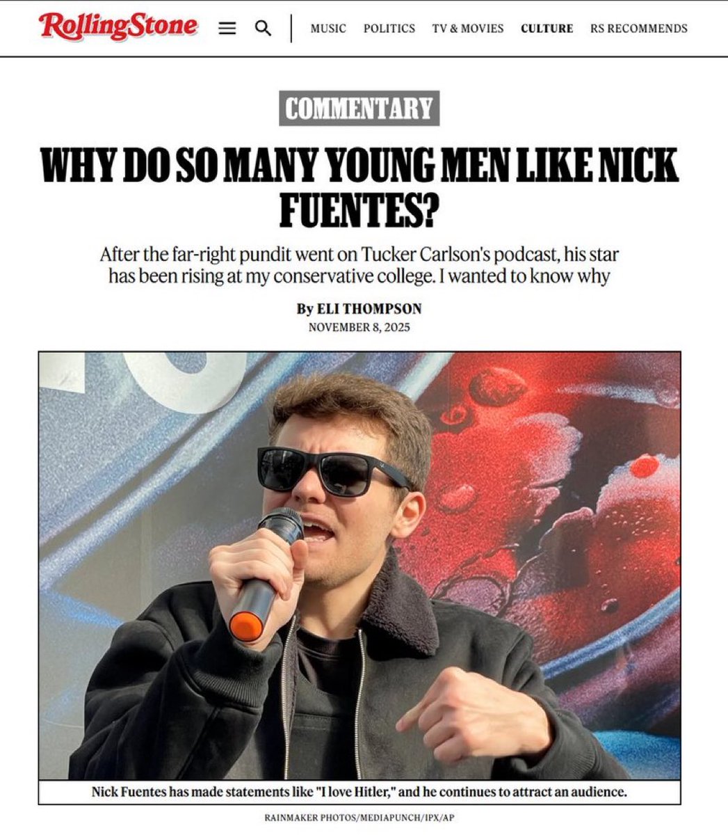 Nick Fuentes is in today's <a href="/RollingStone/">Rolling Stone</a>. 

This comes after <a href="/nytimes/">The New York Times</a> made 3 articles about him the past week 🔥🔥🔥