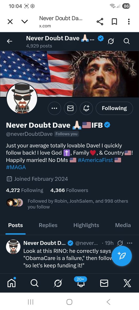 Two accounts looking for new friends 
<a href="/neverDoubtDave/">Never Doubt Dave 🙏🏻🇺🇸IFB</a> 
<a href="/Zoom19631/">Zoom1963 🇺🇸🏴‍☠️</a> 
F&amp;R
💪🫶🇺🇸