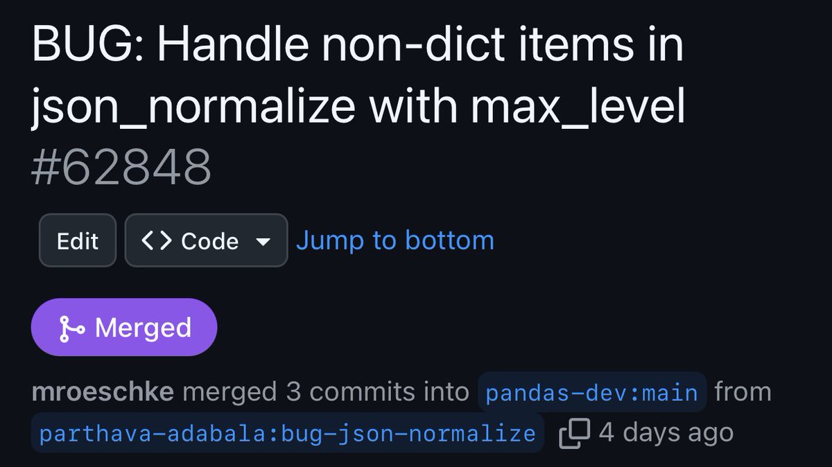 parthavaadabala's tweet photo. My code contribution is merged and going to be live in Pandas 3.0. This feeling is surreal even though if it is very very tiny one! https://t.co/qDB5fhFGN1