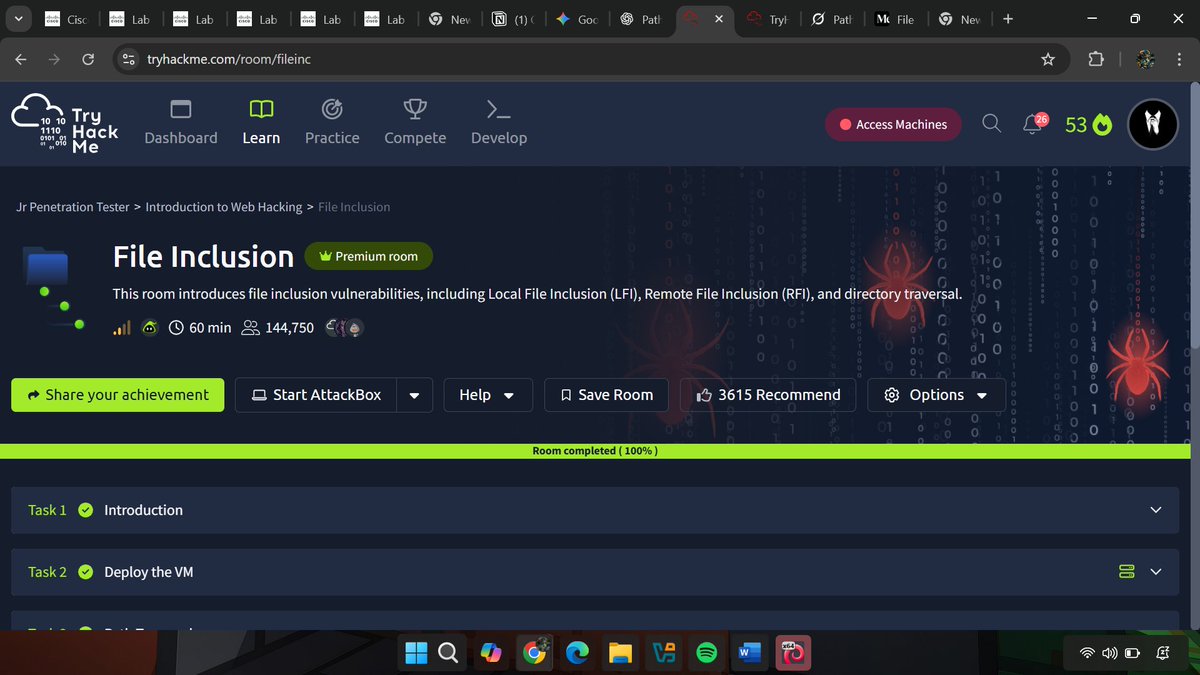 Becoming a Security Researcher with <a href="/4osp3l/">Gospel</a> as my mentor — Day 26

- Completed the File Inclusion room on TryHackMe today, without PHP knowledge. Spent extra hours deep-diving into filter evasion techniques, chaining LFI to RCE payloads, and experimenting with obscure wrappers