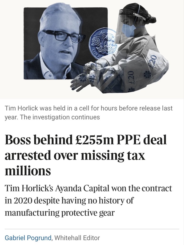🚨🚨 Boss behind £255m PPE deal arrested over missing tax millions 

Tim Horlick’s Ayanda Capital won the contract in 2020 despite having no history of manufacturing protective gear

Belter from <a href="/Gabriel_Pogrund/">Gabriel Pogrund</a> 

thetimes.com/article/960447…