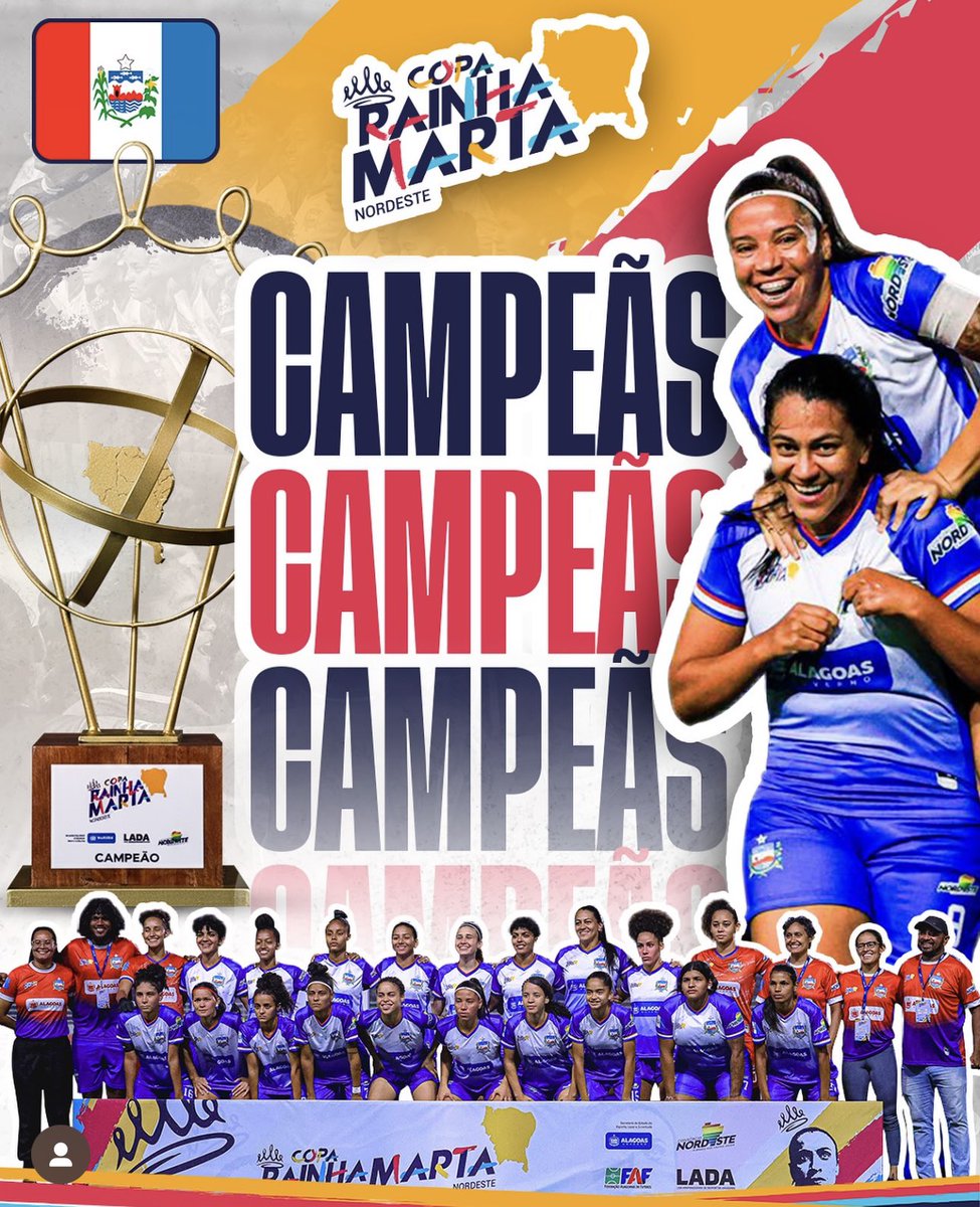 ⚽️Nossas alagoanas fizeram história! Com garra e talento, a seleção alagoana goleou a do Sergipe por 3x0 e é a grande 🏆campeã  da Copa Rainha Marta Nordeste! 👏🏼Parabéns, atletas! Que orgulho ver as mulheres no topo!