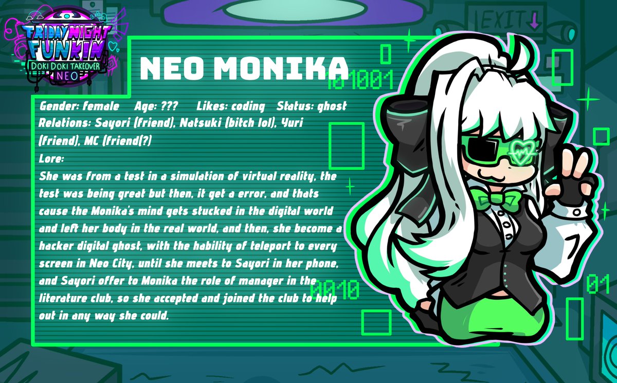 Heres the Datalogs about the characters info n lore (renders by Ema15)

[note: the Neo Monika lore aren't canon from the Dusterbuster design] 

#fnfneo #DDLC #DDTO #datalogs