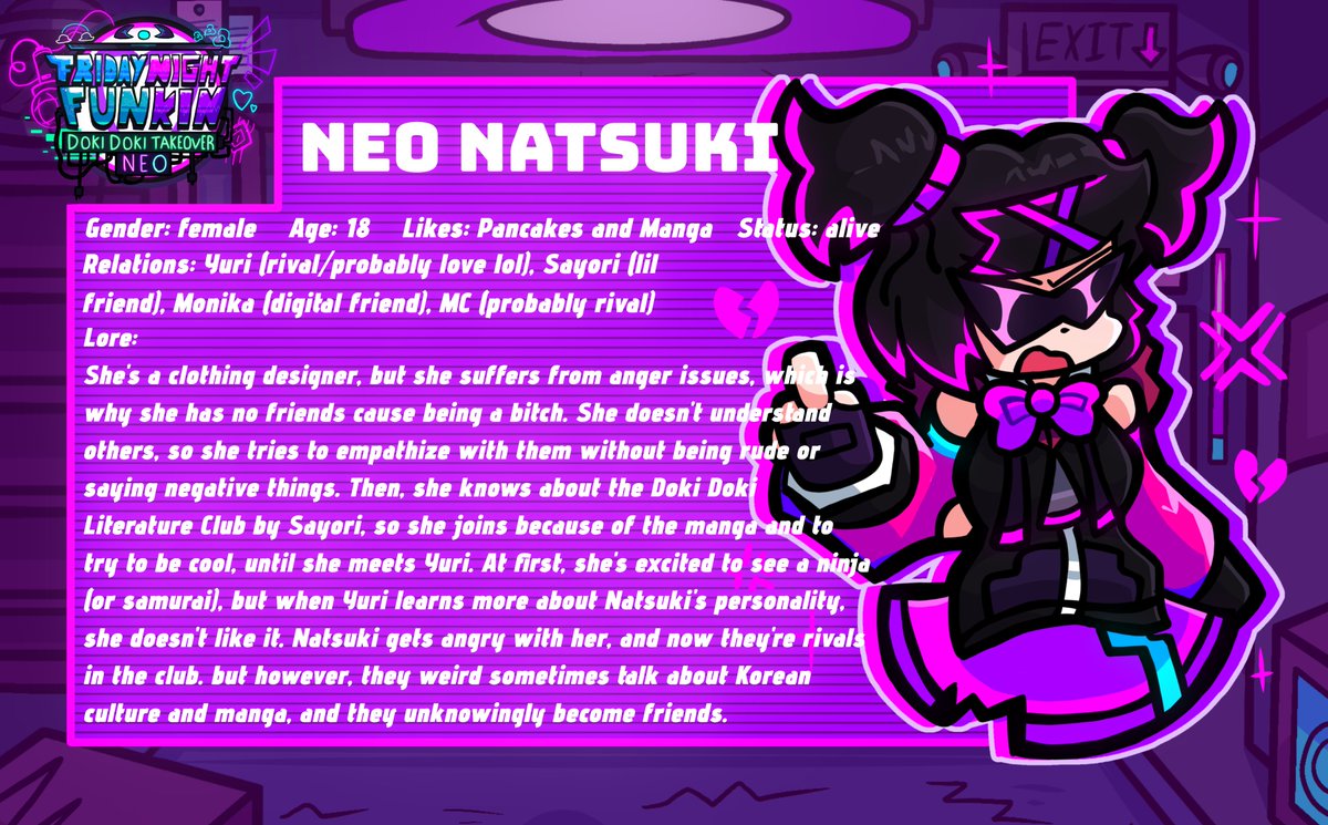 VsNeoDokiDoki's tweet photo. Heres the Datalogs about the characters info n lore (renders by Ema15)

[note: the Neo Monika lore aren't canon from the Dusterbuster design] 

#fnfneo #DDLC #DDTO #datalogs https://t.co/uPGnljtemG