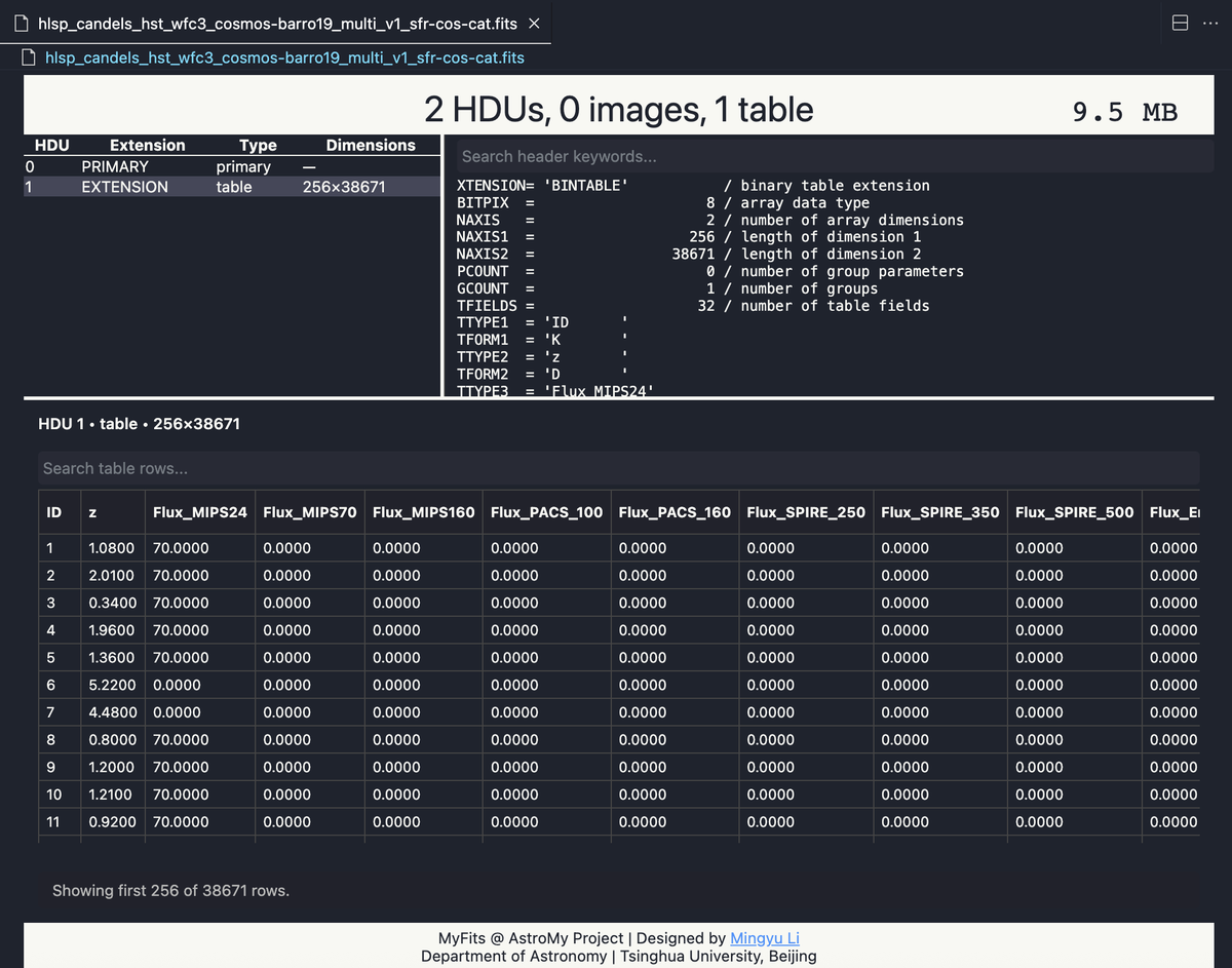lmytime's tweet photo. Do you want to click and open a FITS file in #VSCode?  Please search "MyFits" in the VSCode extension market.
It can preview image and table data now!
https://t.co/b7pyJc6DGA https://t.co/zrNkMfafxK