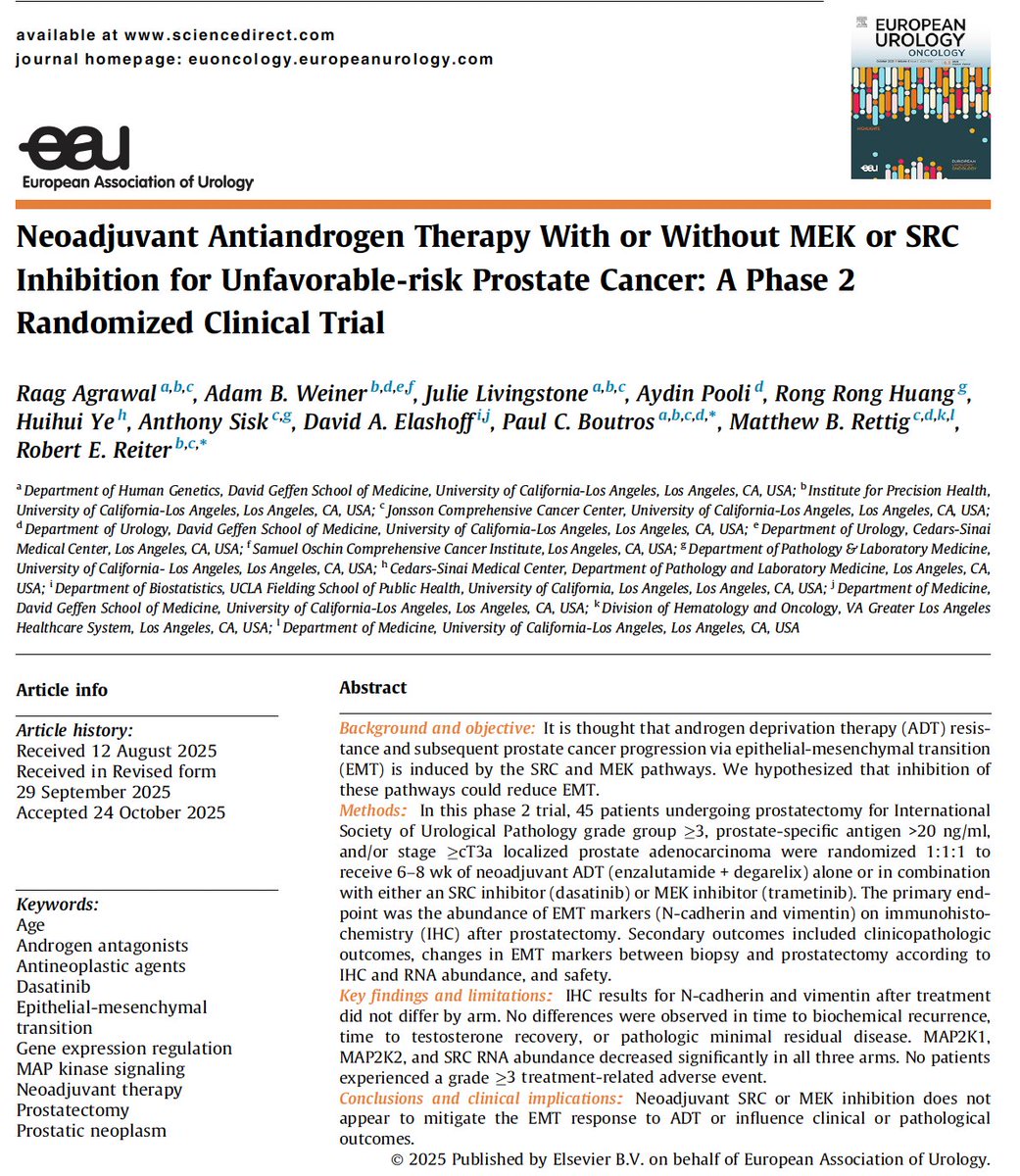 Adam_Weiner535's tweet image. 🚨Neoadjuvant ADT ± MEK/SRC inhibition in high-risk #ProstateCancer 

👉@PCFnews funded RCT in @EurUrolOncol 

🧬 Phase II randomized trial (n=45)
💊 Enzalutamide + degarelix ± trametinib or dasatinib
🔍 ADT+ARSi alone unexpectedly suppressed MEK &amp;amp; SRC pathways
⚠️ Combo therapy…