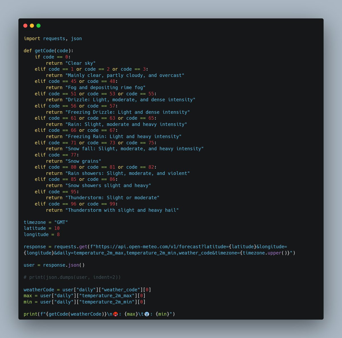 dkingony's tweet image. Day 92 of 100

In today&apos;s challenge, I built your own weather app
I used the &quot;open-meteo.com&quot; Weather API to retrieve the latitude, longitude, and weather code. Based on the code and conditions, I rendered the right weather notes.

#Replit100DaysOfCode #100DaysOfCode