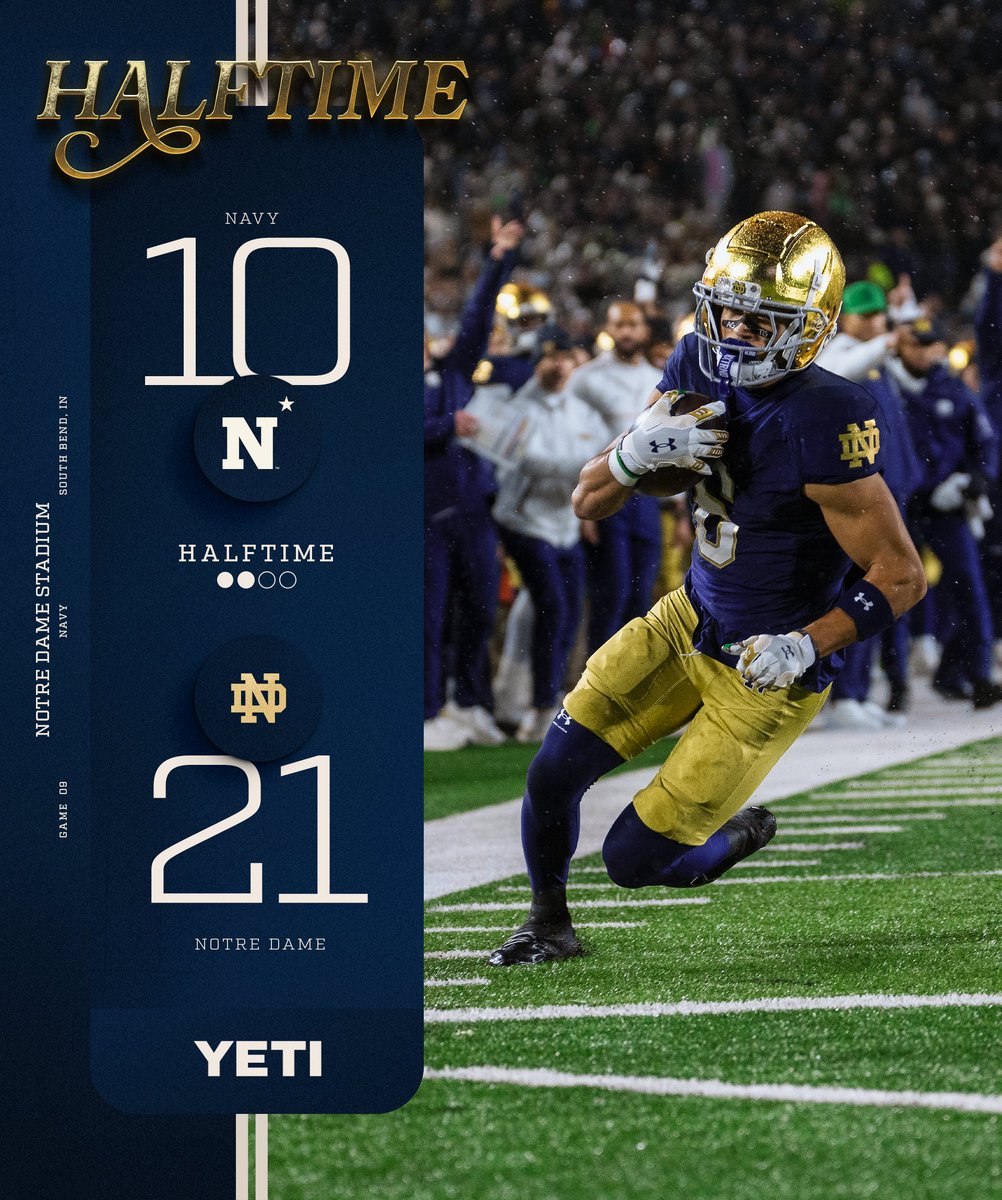 NDFootball's tweet photo. At the half ☘️

#GoIrish☘️ | @YETICoolers https://t.co/1CyQsfZaQh
