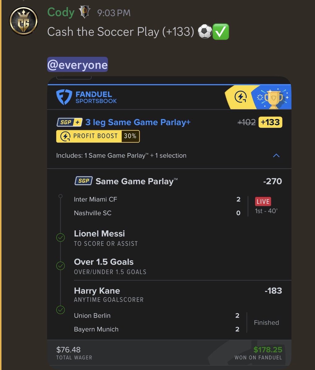 🚨 Cash the Soccer 🐐 Parlay 🆓 (+133) ⚽️✅

Plays ➡️ marcusbeau.com