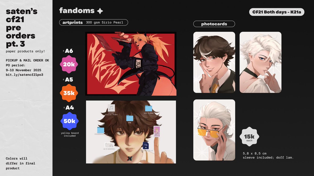 ♡ Likes &amp; RTs are highly appreciated ♡

☆*:.｡Saten’s CF21 PO (3)｡.:*☆ 

📅 PO period 9-10 Nov 2025
📦 pickup both days @ K21a
🍀 originals, to be hero x / tbhx, no more heroes / suda51, guilty gear, dorohedoro, superman 2025 
🔗 bit.ly/satencf21PO3