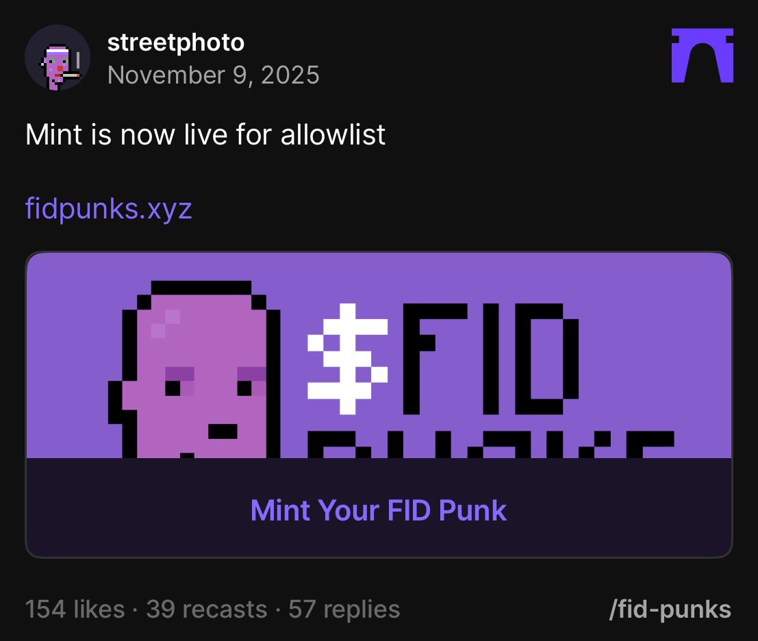 FID Punks mint is now officially live for allowlisted Farcaster users

Public mint live tomorrow 

farcaster.xyz/streetphoto/0x…
