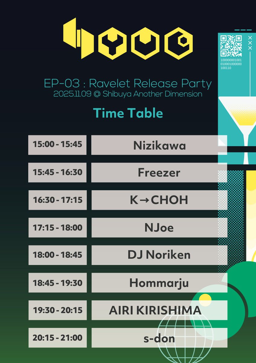 ◤◢◤ 本日開催 &amp; タイムテーブル公開 ◢◤◢
#HYVE EP-03: Ravelet
Release Party

🕒：2025.11.09 (SUN) 15:00-
📍：Shibuya Another Dimension

Door / 2,000yen with 1D 

レイヴサウンドでハードにダンスして最高の日曜にしましょう。