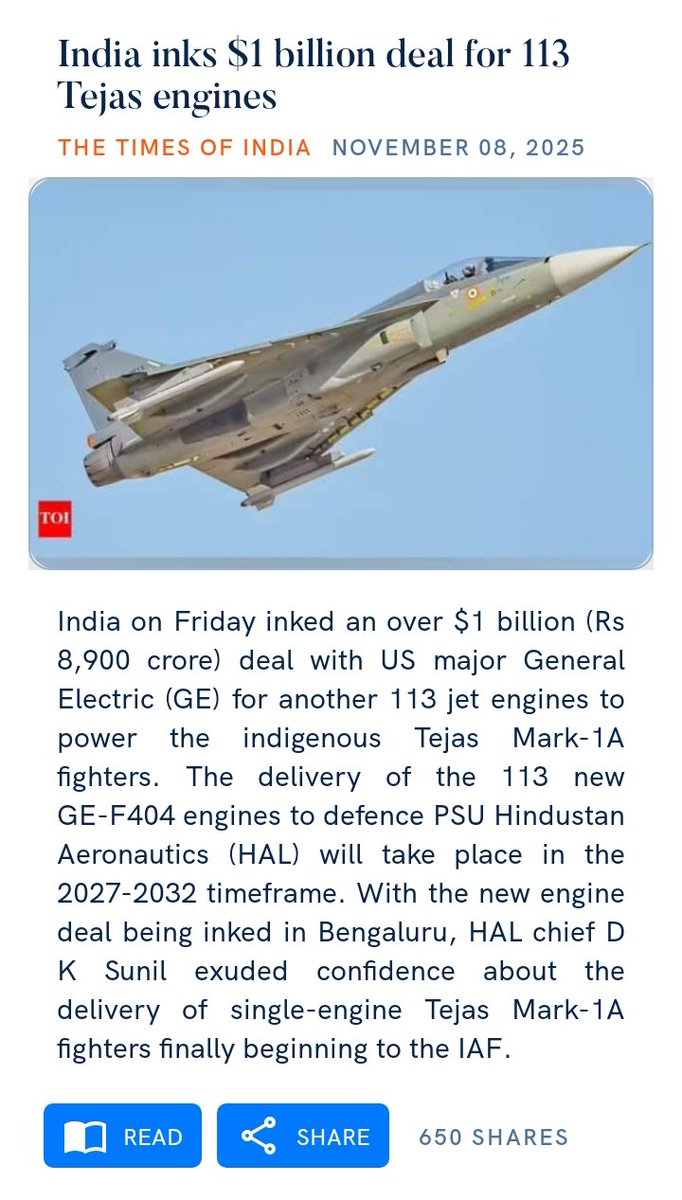 India inks $1 billion deal for 113 Tejas engines
timesofindia.indiatimes.com/india/india-in…

via NaMo App