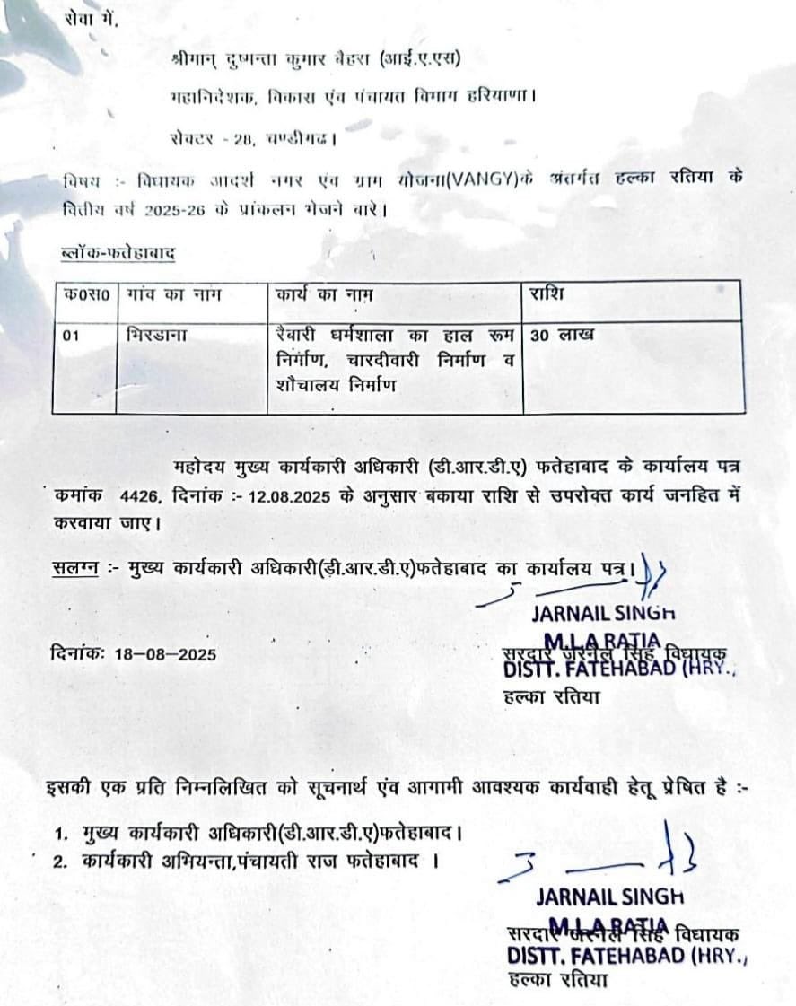 धन्यवाद विधायक महोदय श्री मान #jarnailsinghmlaratia आपने हमारे धर्मशाला के निर्माण के लिए 30 लाख की राशि स्वीकृत करवायी ! और धन्यवाद श्री <a href="/RatanDevasiINC/">Ratan Devasi</a> आपकी मेहनत ने रंग लायी #रतन_देवासी_टीम_हरियाणा.