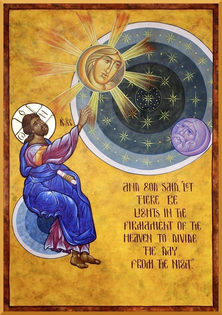 God creating the sun, moon, and stars.