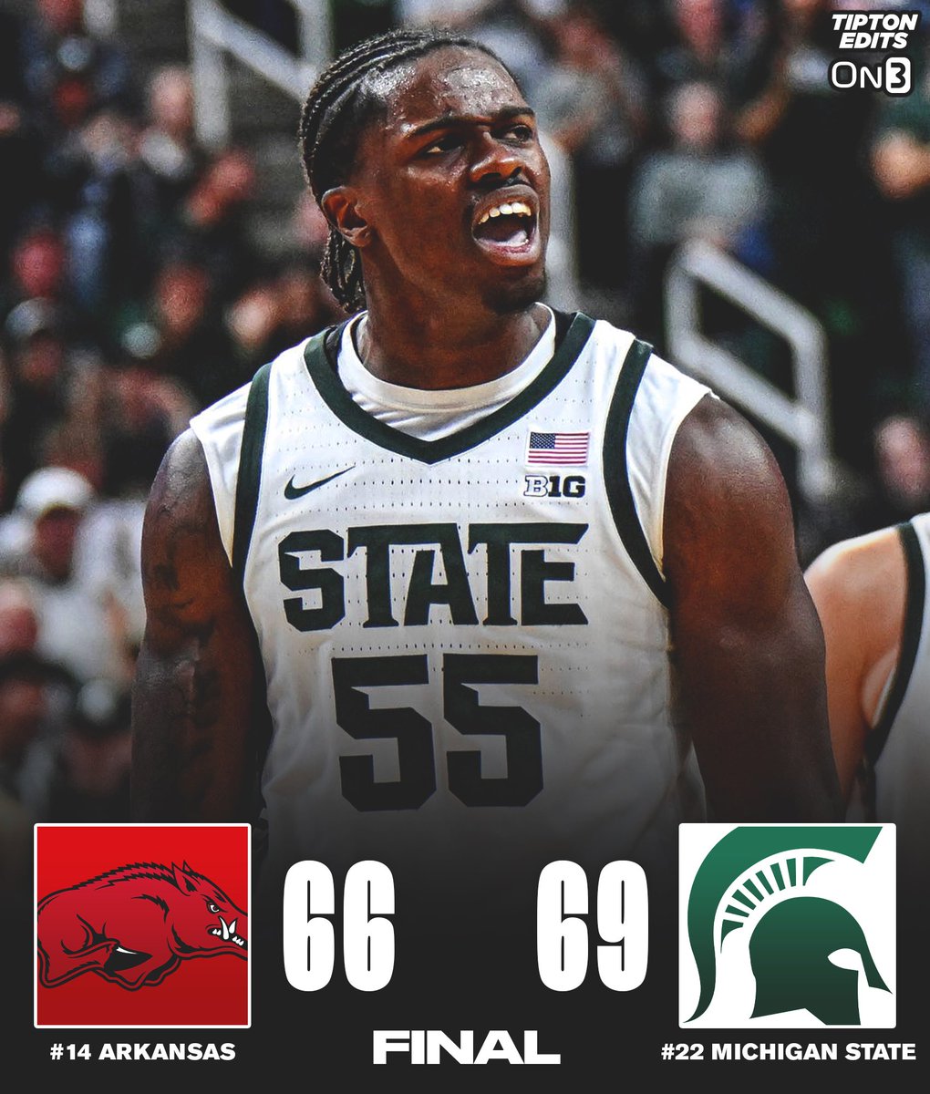 JoeTipton's tweet photo. Michigan State defeats Arkansas in a gritty early-season battle.

Impressive win at home for the Spartans, who dominated the boards. 

18 and 10 for freshman Cam Ward. https://t.co/dOjOtqzTAK