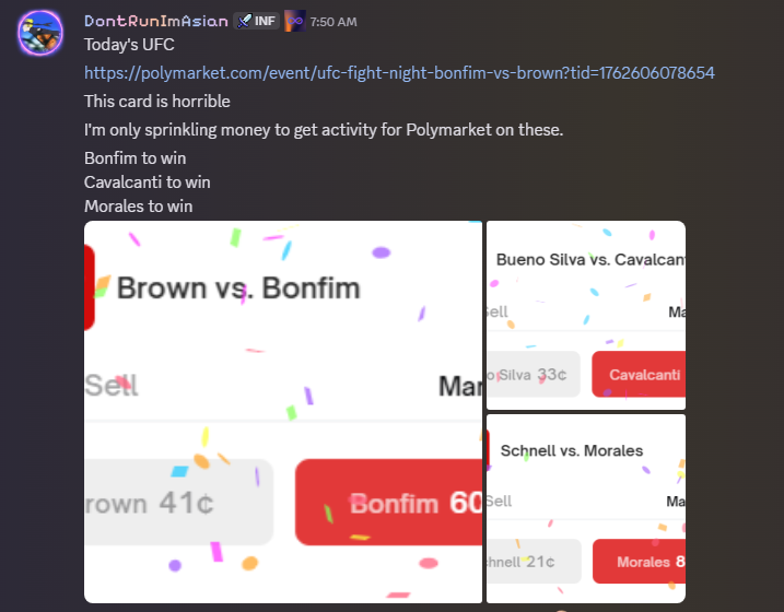 DontRunImAsian's tweet image. Won 3/3 on UFC tonight
Place all three bets with @Polymarket 

discord.gg/infiniteaio