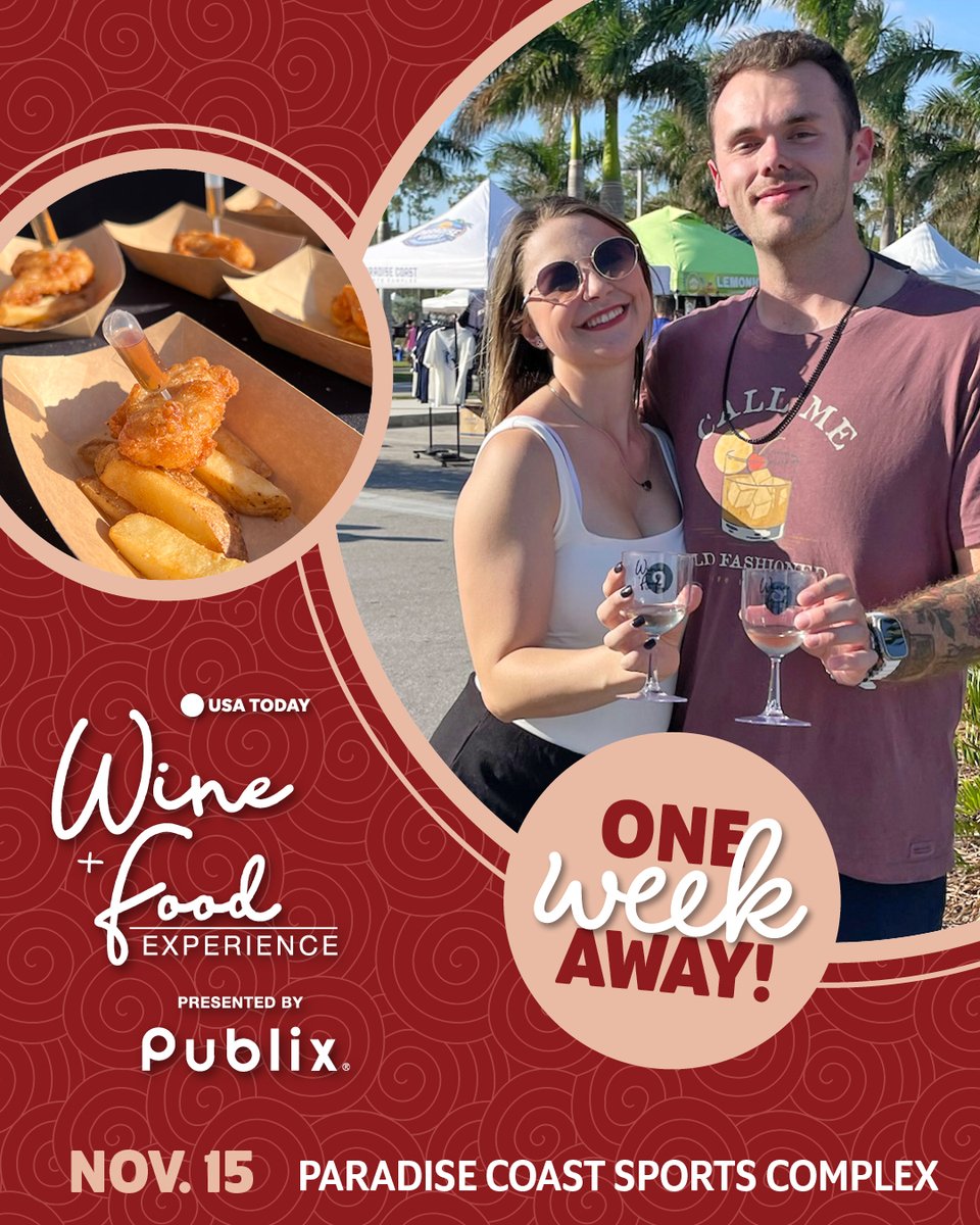 𝐎𝐧𝐞 𝐰𝐞𝐞𝐤 𝐚𝐰𝐚𝐲, 𝐍𝐚𝐩𝐥𝐞𝐬! 🌴🍷
Join us next Saturday at the Paradise Coast Sports Complex for the USA TODAY Wine &amp; Food Experience.
Savor bites from local chefs and sip incredible wines &amp; spirits! 😋

🎟️ Almost sold out: bit.ly/3ET7h26!