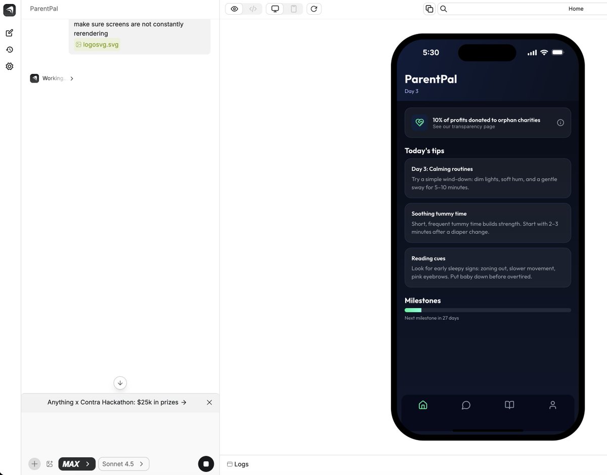 allinwithcursor's tweet image. Day 1 update on my #AnythingChallenge build with @anythingai 

So I went from idea to actual TestFlight in under an hour. Still can&apos;t believe that&apos;s real.

Started at 4:23 PM, just brainstorming. Decided on ParentPal (was gonna call it ParentAI Guru, but that felt too corporate).…