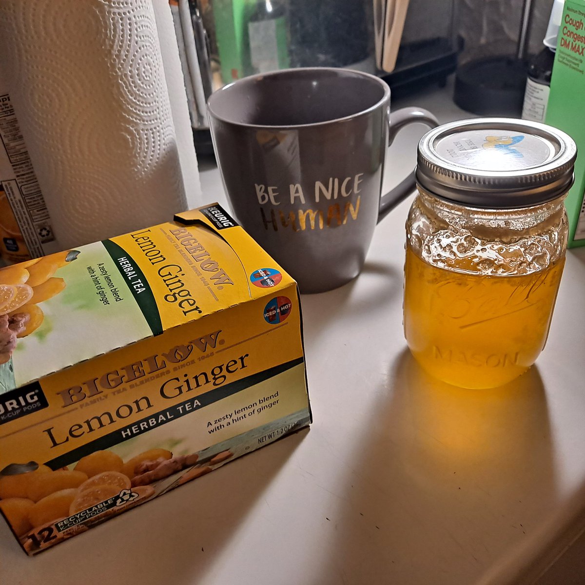 4 days ago, I lost my voice... I'm not sure if it's allergies or a head cold. So today, I took advice from a co-worker to drink hot tea. Adding my friend, <a href="/ToddGause/">Todd Gause</a>, honey from his bees. Any other ideas? My customers are looking at me strangely when I speak.