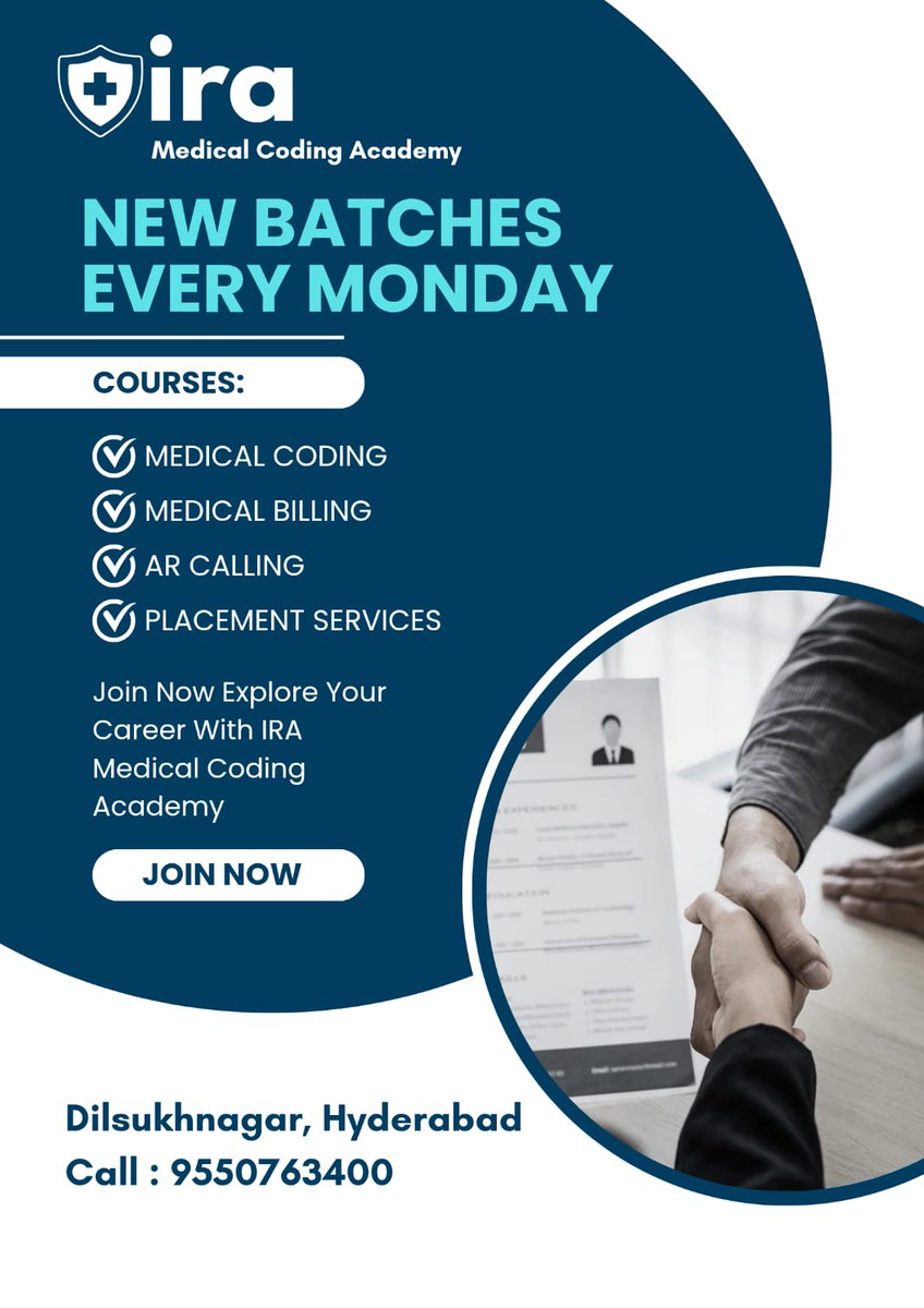 IraCoding's tweet image. 🌟 Step into Success with IRA Medical Coding Academy! 🌟
💼 Join Courses in ➡️ Medical Coding | Medical Billing | AR Calling
🚀 Start your career in the booming healthcare field today!
 #HealthcareCareers #Dilsukhnagar #JobOrientedCourses

Call : 095507 63400 
Dilsukhnagar, Hyd