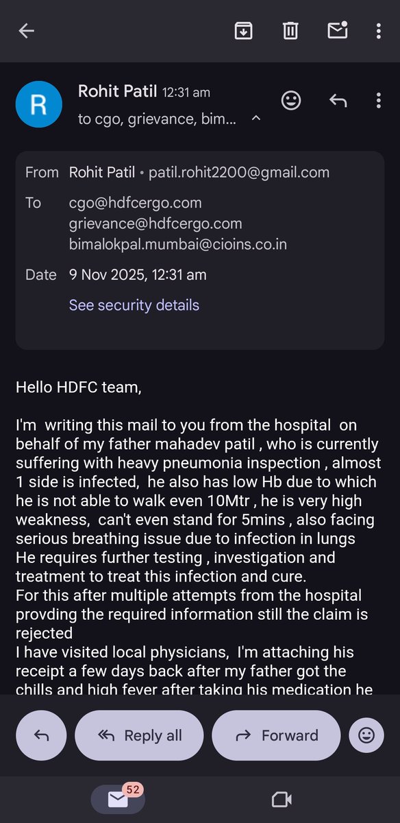 Rohit__Tweets's tweet photo. @HDFCERGOGIC ,
My father is admitted in the hospital , and you have denied the cashless claim
He is suffering with some serious infection what is this inhuman behavior . Don't know who is checking the documents at your end im attaching CT scan report here which clearly shows . https://t.co/sszQn5oJSj