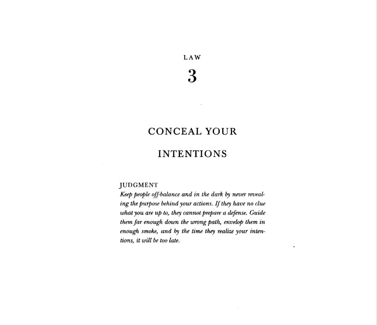Asmo_codes's tweet photo. Always Conceal Your Intentions.

#48LawsofPower
#RuleNo4 https://t.co/SPYHeoyUFJ