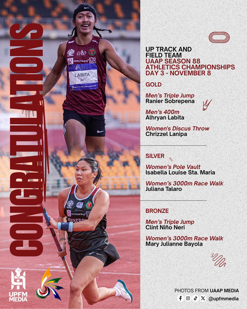 upfmmedia's tweet photo. TRACK STARS 🥇🥈🥉

@UPTFT got 'em all medals in the 3rd day of the #UAAPSeason88 Athletics Tournament 🙌🏼 Congratulations, team! 💚❤️

#UPFight✊🏼 #StrongerWithAllSports💪🏼 #UPTFT https://t.co/le8Skux6yC