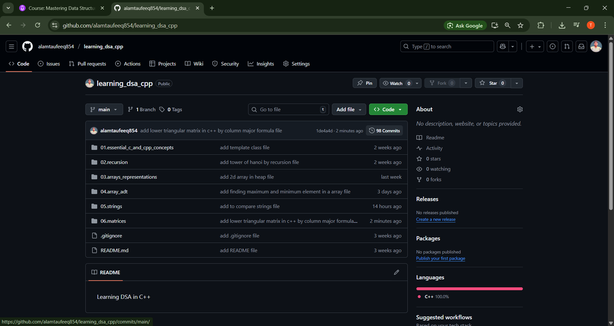 alamtaufeeq854's tweet image. 🎓 Week 3 of my DSA journey!
Focused on Binary Search, arrays, strings &amp;amp; matrices — from analyzing logic to coding efficient solutions.
Every concept now feels more connected and purposeful.

🔗 github.com/alamtaufeeq854…

#DSA #Cpp #LearnToCode #Coding #100DaysOfCode #Programming