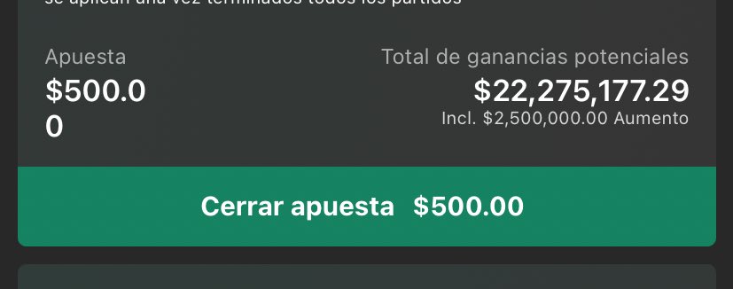 Tengo un parlay para que te retires de tu trabajo, te compres una casa, un carro y te consigas una mujer. 

500 pesos para ganar 22 millones 

Para soltarlo solo tienes que dejar un Like y un rt 

Lo suelto a las 1,000 interacciones