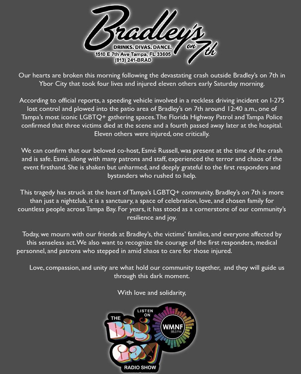GayClubs's tweet photo. Our thoughts are with the individuals and families affected by the tragedy at a gay bar Bradley's in Ybor City, Tampa. We extend our deepest sympathies to those who have been affected by this terrible and sorrowful event. https://t.co/cZhJ7i0HW0 https://t.co/0xufGopGkj