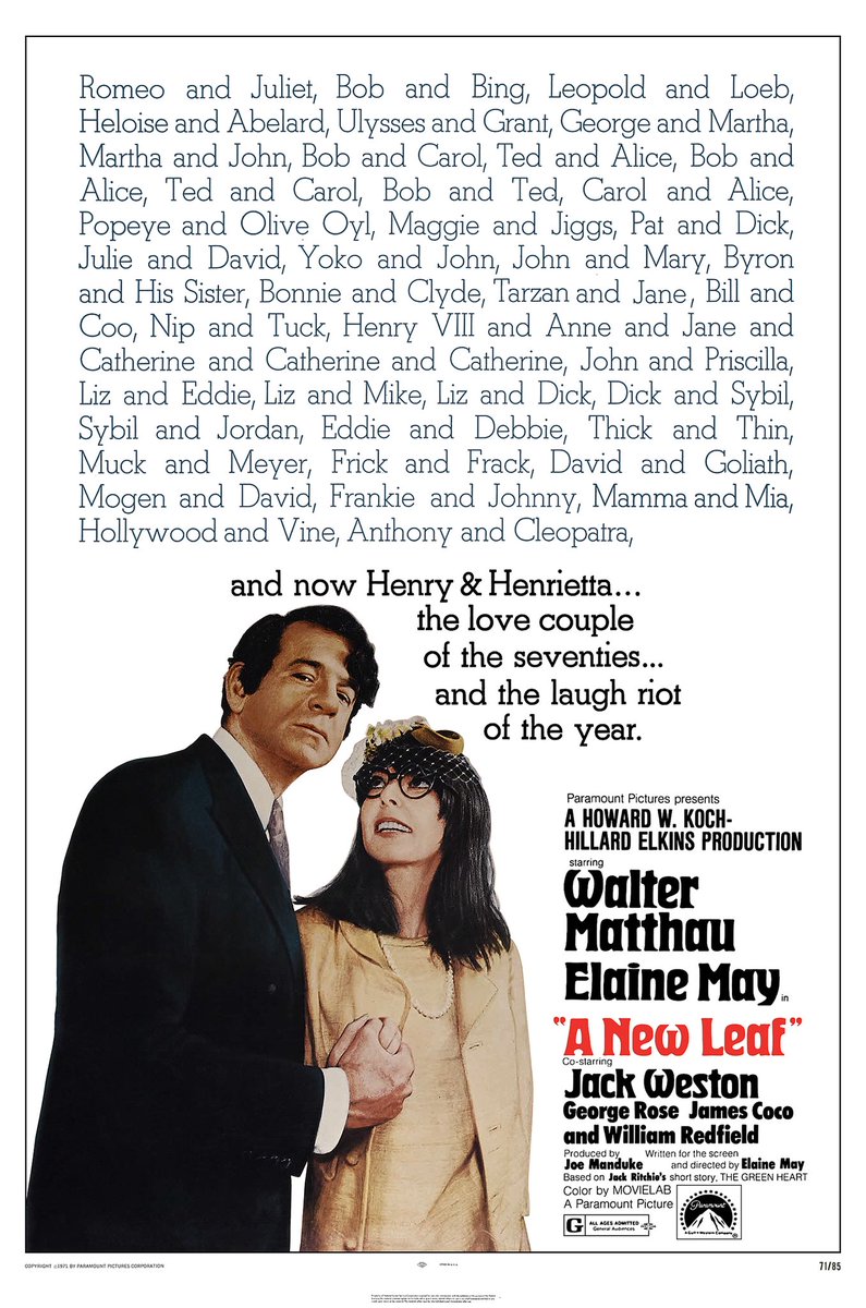 Just rewatched A NEW LEAF (1971). Not only is it a brilliant comedy but it now looks brand new thanks to the 4k upgrade that I picked up on <a href="/VinegarSyndrome/">Vinegar Syndrome</a>. You should buy one if they still have it.