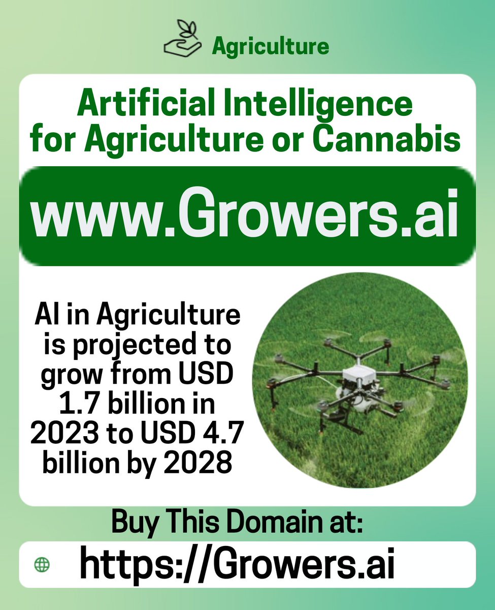 sidehustleopps's tweet image. One word dot Ai domain 💎

The word &quot;Growers&quot;
☆  is registered in nearly 100 domain extensions
☆ is used in Agriculture, cannabis and marketing with Ai

Growers.ai is for sale. Available on Atom, Afternic, Sedo &amp;amp; Spaceship - and its URL.

#Growers #dotai #aidomains