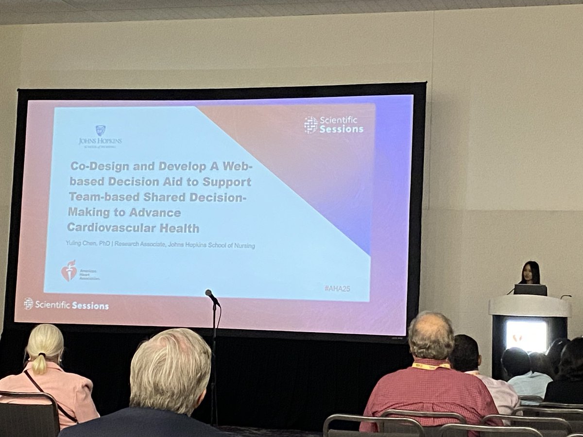 SherryLiuXL's tweet photo. Amazing talk by Dr. @YulingChen20 on her work which focuses on co-designing and developing a web-based decision tool for cardiovascular health promotion. #AHA2025 #CVSN https://t.co/zfj6Gp2fHD