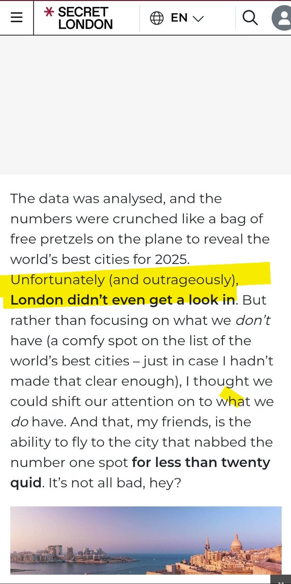 From the same article. Same page... how many best cities in the world are there 😆 🤣 "London didn't get a look in" she says 😆 😂 
secretldn.com/best-city-in-t…