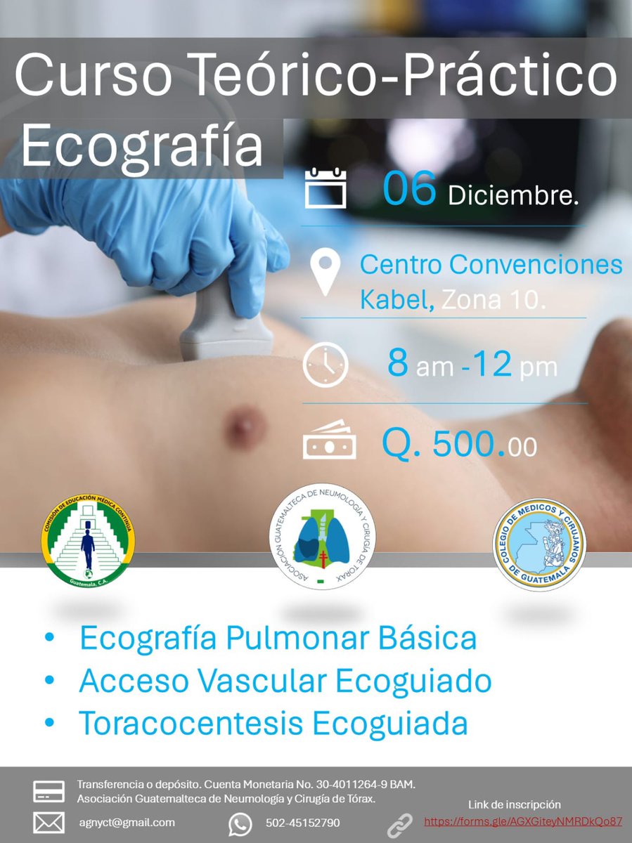 neumoguate's tweet photo. 📣 Atención 📣 
Asiste y adquiere conocimientos en
1️⃣ Ecografía pulmonar básica 
2️⃣ Acceso vascular ecoguiado 
3️⃣ Toracocentesis ecoguiado

📍 Restaurante Kabel z10
⌚ De 8:00 a 12:00 am

👉 No te lo puedes perder.
🧑‍⚕️👩‍⚕️Dirigido a Médicos de pregrado, posgrado y ciencias afines. https://t.co/sP1VLZMm7g