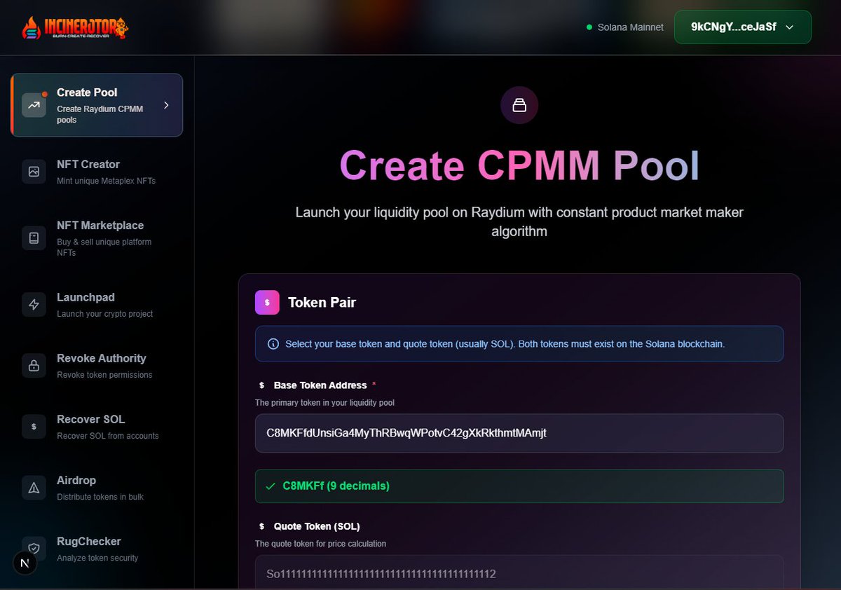 incinerator_sol's tweet image. 🚀 Big news for Solana builders! 🔥 

We’ve just launched the CPMM Pool Creator on Incinerator; 

– Launch your liquidity on Raydium in minutes with the Constant Product Market Maker algorithm!

Pick your base token, pair it with SOL, and boom! Your pool is ready for trading.…