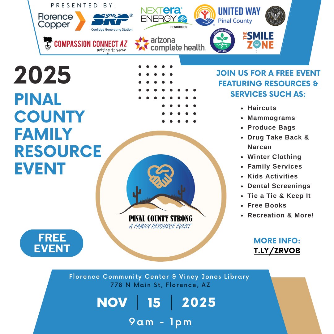 We are officially one week away from the 2025 Pinal County Family Resource Event &amp; we have a great event lined up!

We have 40+ agencies coming together to bring you a variety of free resources &amp; services.

See you November 15 in Florence! 

Learn More: t.ly/F-Y61