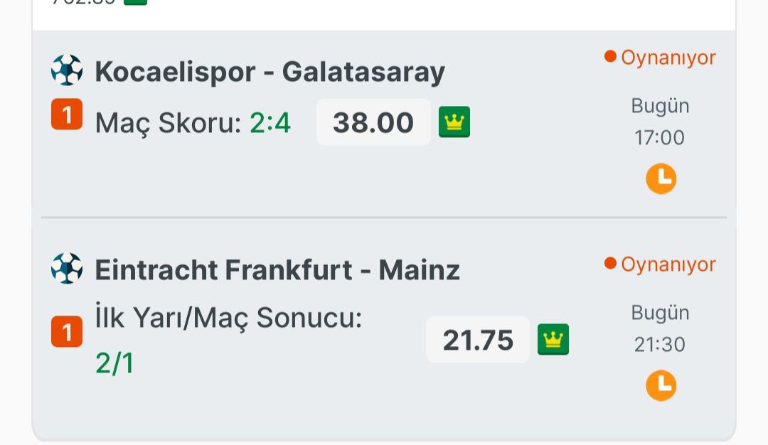 İYİ GECELER DOSTLAR 

Kocaelispor - Galatasaray   1/2 SKOR 2-4  
Eintracht Frankfurt - Mainz   2/1  MS SKOR  4-2
TEKLİ VE İKİLİ 

4 KOMBİNASYONU DA ALDIK
TOPLAM GOL +6  2Lİ