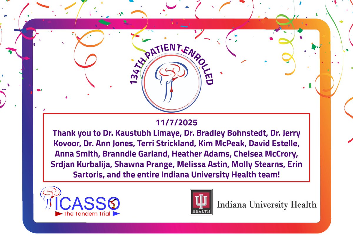 Congrats and thank you to Dr. <a href="/kaustubhslimaye/">Kaustubh Limaye</a>, Dr. Bradley Bohnstedt, Dr. Jerry Kovoor, Dr. Ann Jones, and the entire <a href="/IU_Health/">IU Health</a> team for enrolling the 134th patient in the #PICASSO trial! 🎉 #stroke #ClinicalTrial <a href="/oozaidat/">Osama Zaidat MD</a> <a href="/samialkasab/">Sami Al Kasab</a> <a href="/NguyenThanhMD/">Thanh Nguyen 🇺🇦</a>