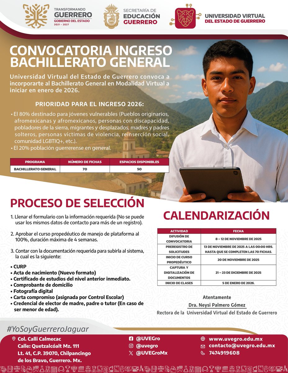La Universidad Virtual del Estado de Guerrero convoca al Ingreso al Bachillerato General 2026 en modalidad 100% virtual.
📚 Educación gratuita
🕒 Estudia a tu ritmo
📱 Solo necesitas conexión a internet
🔗 Formulario: forms.gle/Wjyr3MjX4jh7NM…