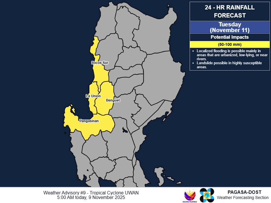 LOOK: Pagasa releases their heavy rainfall outlook due to Typhoon #UwanPH from November 9 to 11 as of 5 a.m.

Most of eastern Luzon will be under red alert today as the typhoon continues to approach the Philippines, warning of severe flooding that could potentially be brought to