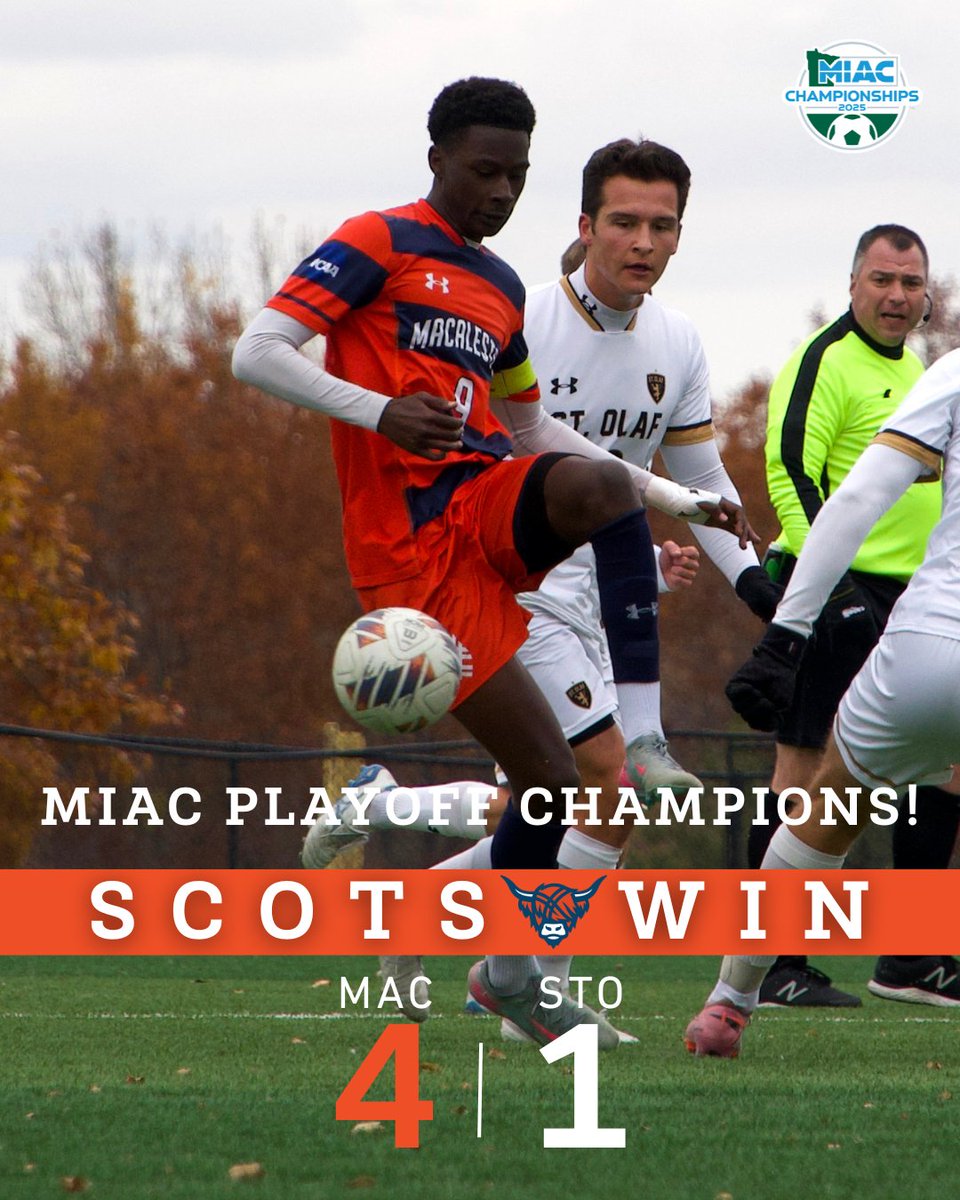 𝑴𝑰𝑨𝑪 𝑷𝑳𝑨𝒀𝑶𝑭𝑭 𝑪𝑯𝑨𝑴𝑷𝑰𝑶𝑵𝑺! ⚽🏆

Your Macalester men's soccer team is the MIAC Playoff champs! Congratulations, Scots!

@macalestermsoc #GoScots #heymac #miacchamps #ncaabound #d3soccer