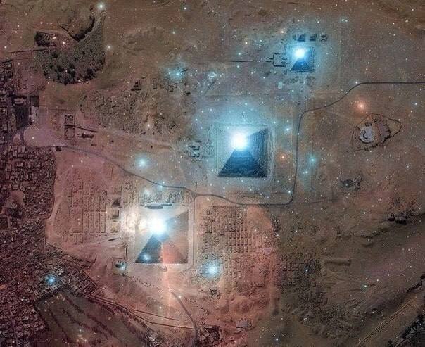 ???
The alignment of the stars of the Orion constellation with the location and size of the pyramids at Giza 12.5 thousand years ago.