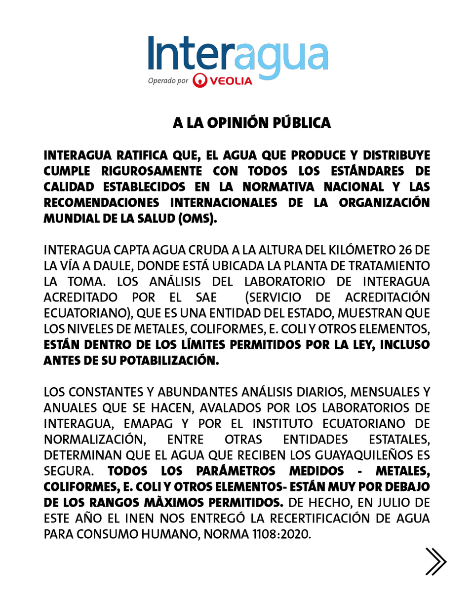 interagua's tweet image. ¡El agua potable en Guayaquil es SEGURA! ✅

Interagua ratifica: Cumplimos rigurosamente con la normativa nacional y la OMS. Análisis (SAE, INEN, EMAPAG) confirman niveles de metales/coliformes muy por debajo de los límites.  

Tu tranquilidad es nuestra prioridad. 💧