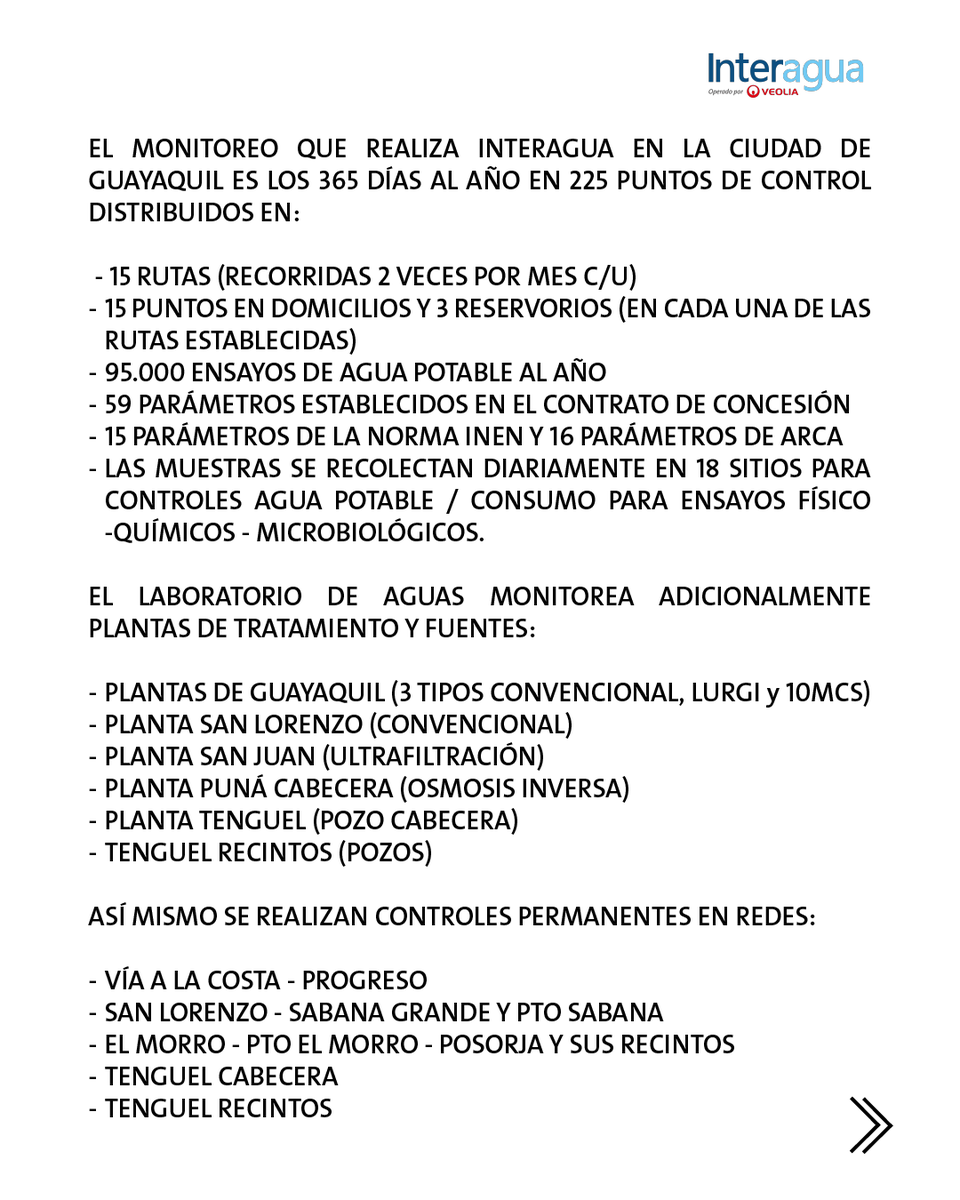 interagua's tweet image. ¡El agua potable en Guayaquil es SEGURA! ✅

Interagua ratifica: Cumplimos rigurosamente con la normativa nacional y la OMS. Análisis (SAE, INEN, EMAPAG) confirman niveles de metales/coliformes muy por debajo de los límites.  

Tu tranquilidad es nuestra prioridad. 💧