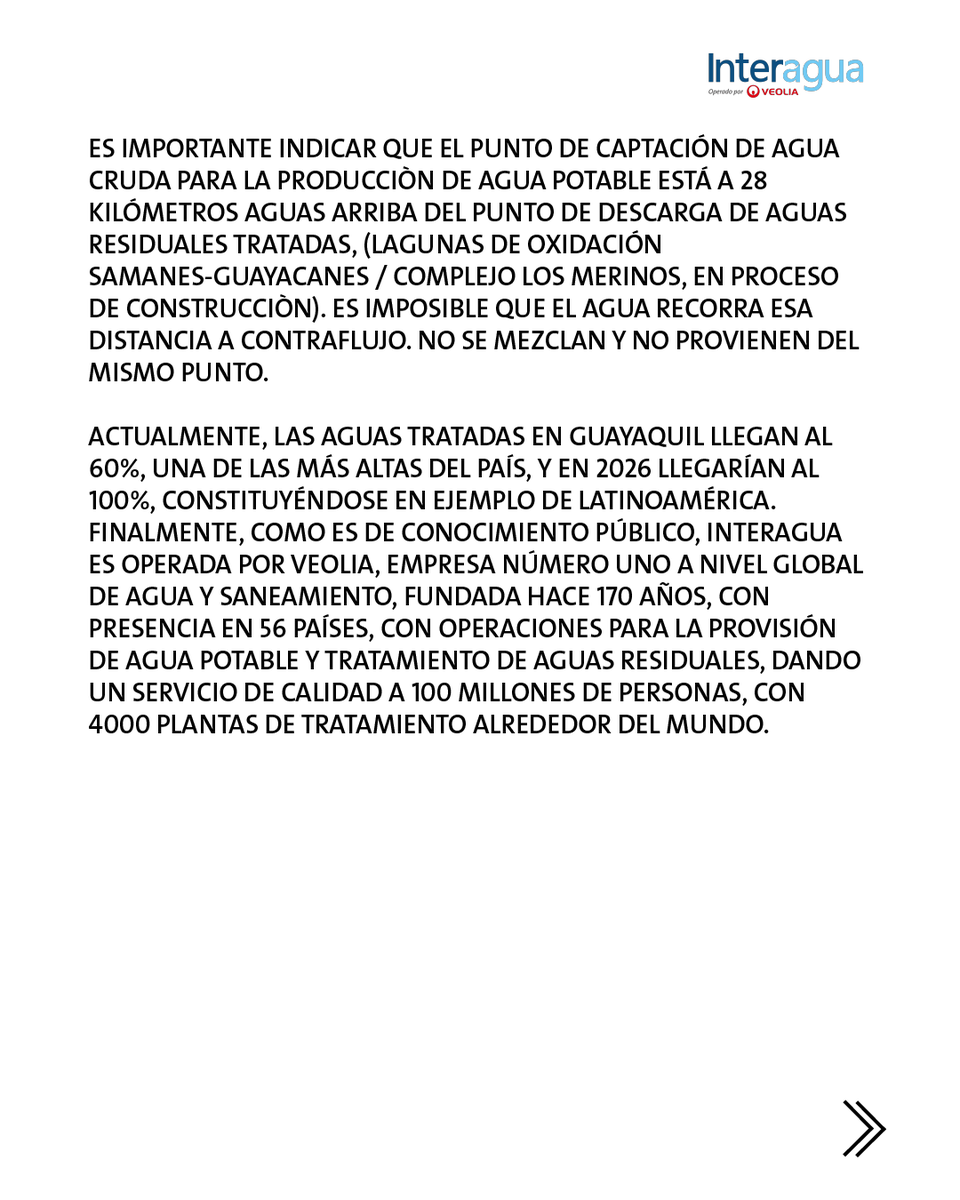 interagua's tweet image. ¡El agua potable en Guayaquil es SEGURA! ✅

Interagua ratifica: Cumplimos rigurosamente con la normativa nacional y la OMS. Análisis (SAE, INEN, EMAPAG) confirman niveles de metales/coliformes muy por debajo de los límites.  

Tu tranquilidad es nuestra prioridad. 💧