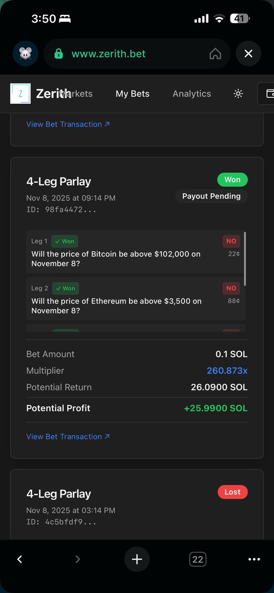 CryptoLeg30's tweet image. Hello @zerithmarkets sir.. I love your platform, have been trying out parlays since a while, just hit a big win today.. wanted to check on how long does it takes to recieve the payout.. would be buying more $zerith as soon as I recieve the payout.. Bullish on $zerith