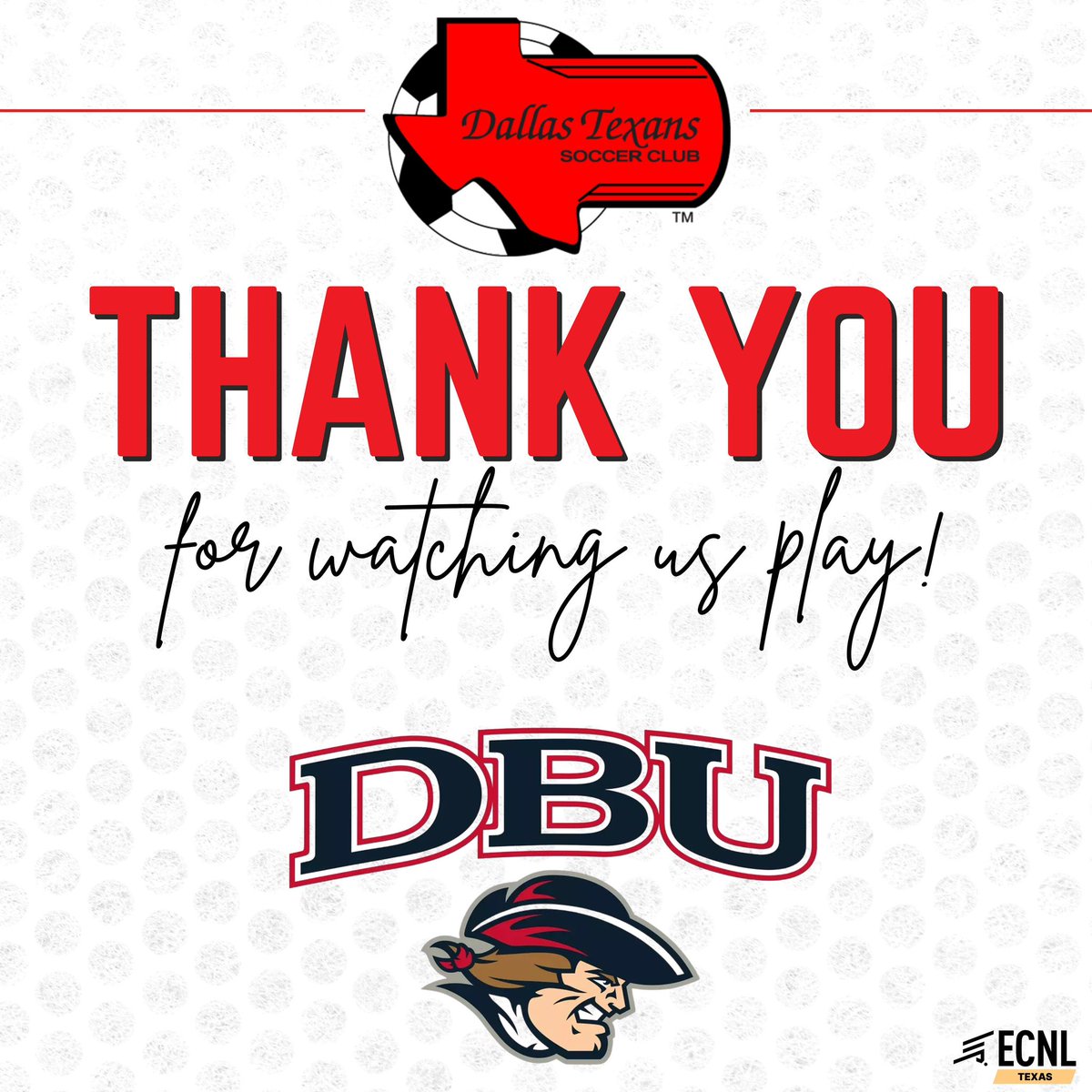 Thank you 𝗗𝗮𝗹𝗹𝗮𝘀 𝗕𝗮𝗽𝘁𝗶𝘀𝘁 𝗨𝗻𝗶𝘃𝗲𝗿𝘀𝗶𝘁𝘆 for watching us compete today!

<a href="/DBUWomensSoccer/">DBU Women's Soccer</a>