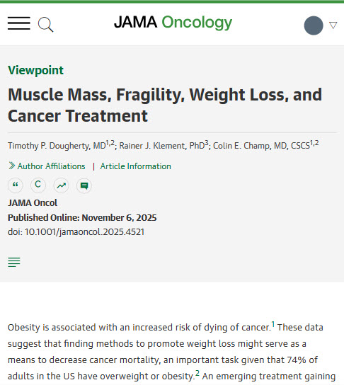 JAMAOnc's tweet image. Viewpoint: GLP-1 receptor agonists induce weight loss but may lead to pronounced muscle mass reduction, raising concerns for patients with cancer at risk of frailty and decreased physical function. ja.ma/49LbiT8